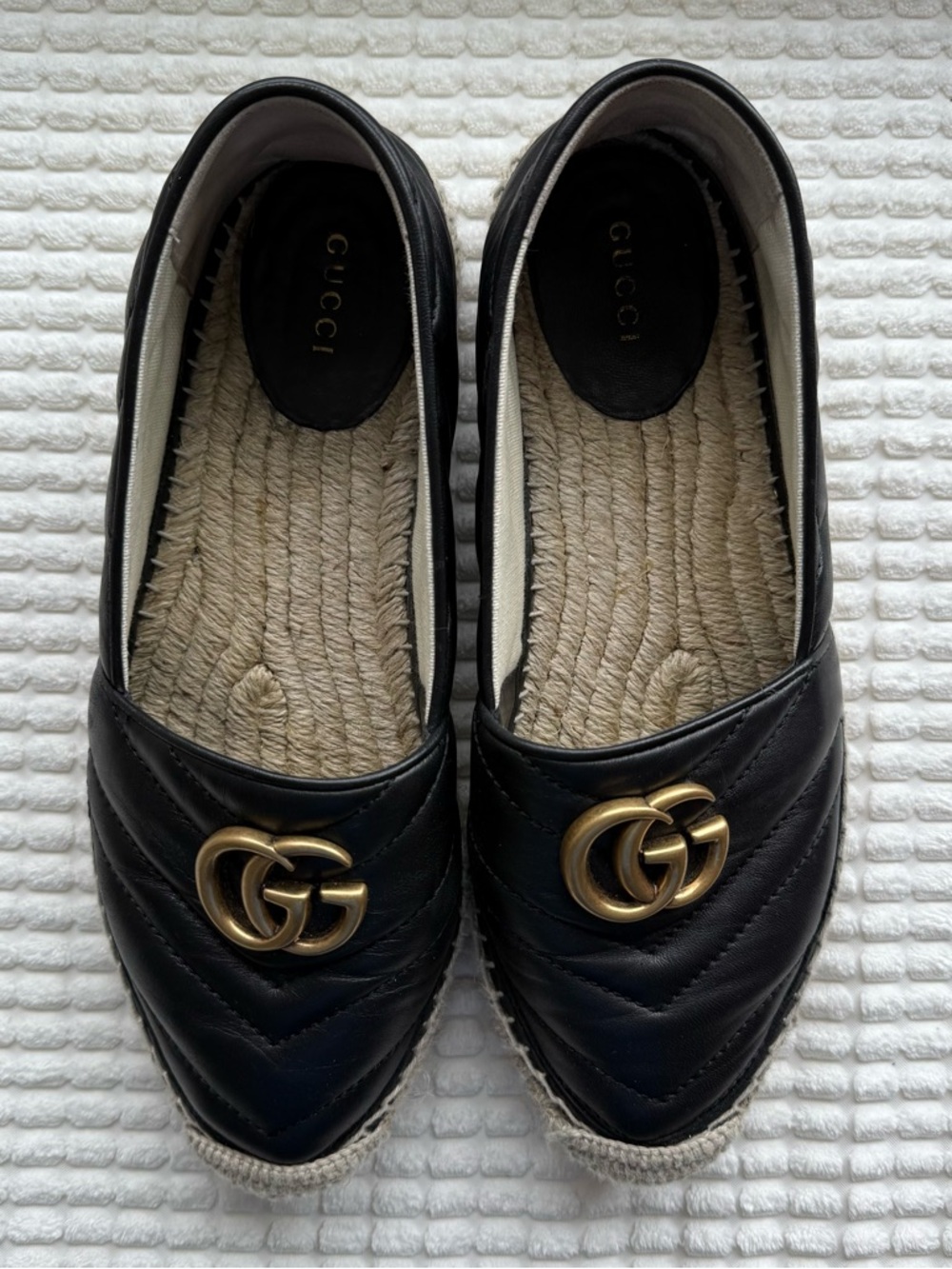 Gucci Black Quilted Leather Espadrille Flats with Gold Double G - Picture 5 of 5